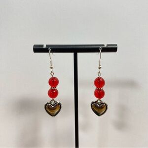Heart Charm Red Glass Beaded Earrings Handmade